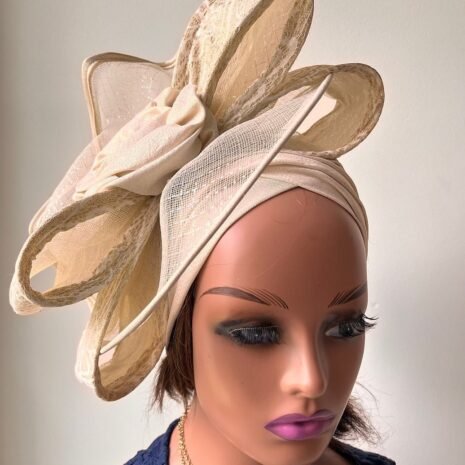 Champagne-Bow-fascinator-Turban-Top-front Champagne-Bow-fascinator-Turban-Top-front