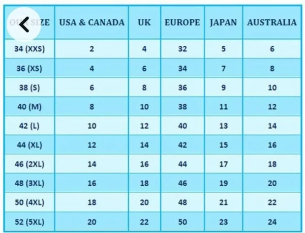 clothing size conversion chart for different regions