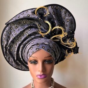Pre Tied Silver Gold Auto Gele African Headpiece One