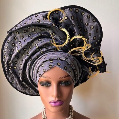 Pre Tied Silver Gold Auto Gele African Headpiece One