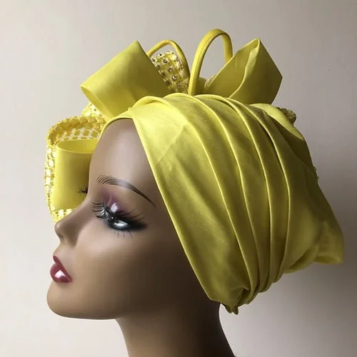 Yellow fascinator Turban Two