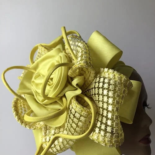 Yellow fascinator Turban Three