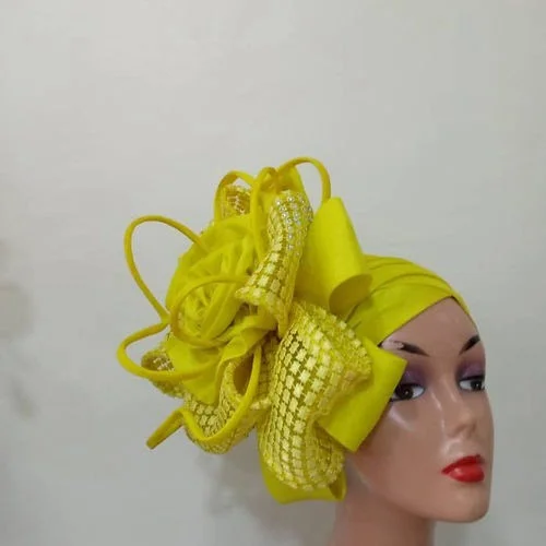 Yellow fascinator Turban Four