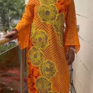 Orange Ankara Pach Lace Kaftan Dress