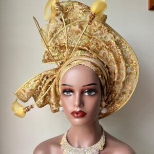 Chi Gold Lace Floral Auto Gele