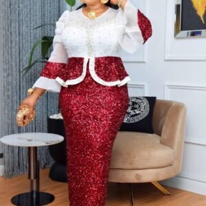 Maryam Sequins Evening Gown Red White
